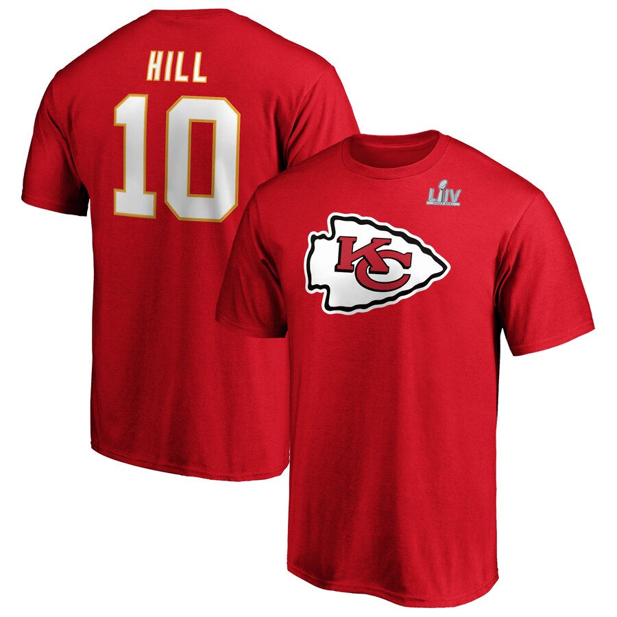 Men's Kansas City Chiefs #10 Tyreek Hill NFL Red Super Bowl LIV Bound Halfback Player Name & Number T-Shirt
